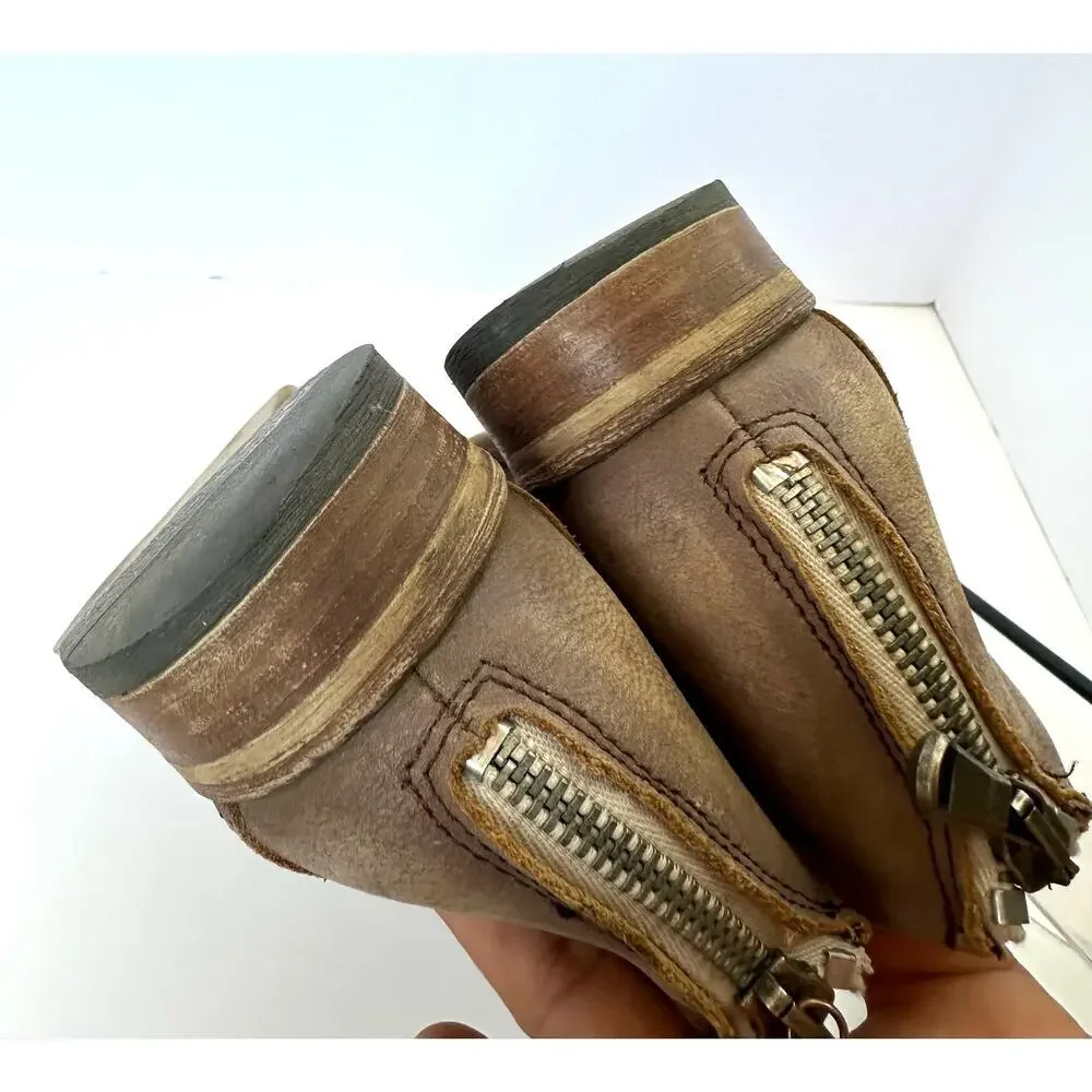 Free People Lost Valley Tan Leather Distressed Ankle Boot Bootie Size EU 38